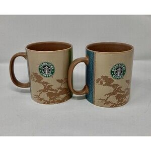 Two Starbucks Coffee Tea Mugs " Thanks to Manolo" Ceramic Mugs Brown Green 18 Oz